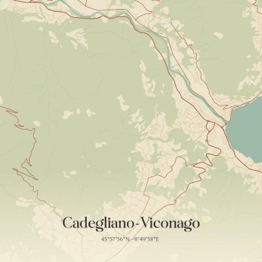Cadegliano-Viconago 'nun klasik duvar sanat haritası Lombardia, İtalya' da bulunuyor. Ormanlar, yollar, şehirler, göller ve nehirlerle ilgili hava planı.