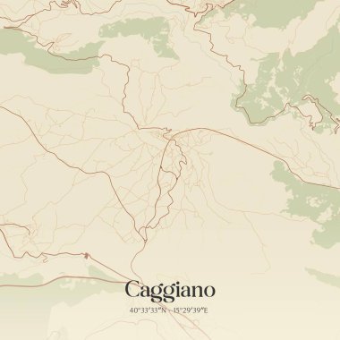 İtalya, Campania 'da bulunan Caggiano' nun klasik duvar sanat haritası. Ormanlar, yollar, şehirler, göller ve nehirlerle ilgili hava planı.