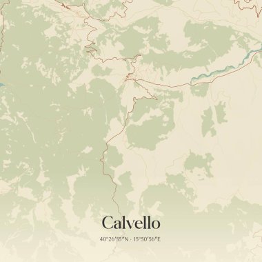 Calvello 'nun klasik duvar sanat haritası, Basilicata, İtalya' da. Ormanlar, yollar, şehirler, göller ve nehirlerle ilgili hava planı.