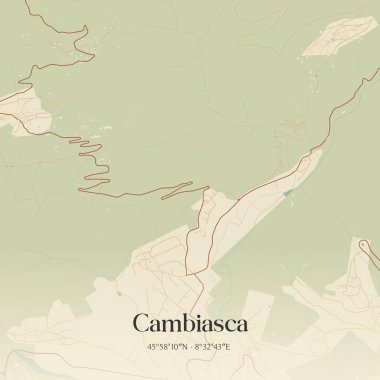 İtalya, Piemonte 'de bulunan Cambiasca' nın klasik duvar sanat haritası. Ormanlar, yollar, şehirler, göller ve nehirlerle ilgili hava planı.