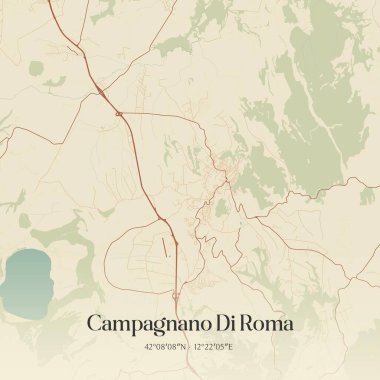 Lazio, İtalya 'da bulunan Campagnano Di Roma' nın klasik duvar sanat haritası. Ormanlar, yollar, şehirler, göller ve nehirlerle ilgili hava planı.