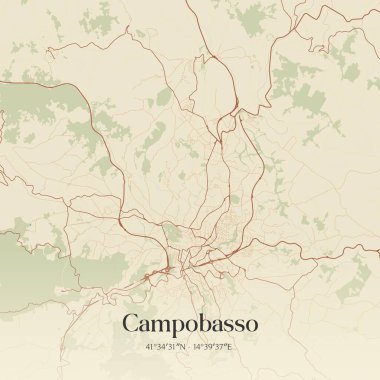 Molise, İtalya 'da bulunan Campobasso' nun klasik duvar sanat haritası. Ormanlar, yollar, şehirler, göller ve nehirlerle ilgili hava planı.