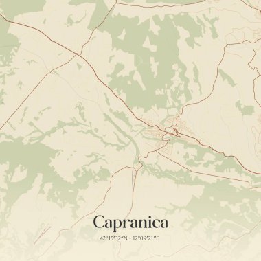 Vintage wall art map of Capranica, located in Lazio, Italy. Aerial plan with forests, roads, cities, lakes and rivers. clipart