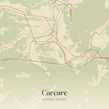 Carcare 'in klasik duvar haritası, Liguria, İtalya' da. Ormanlar, yollar, şehirler, göller ve nehirlerle ilgili hava planı.