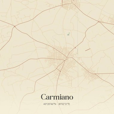 İtalya, Apulia 'da bulunan Carmiano' nun klasik duvar sanat haritası. Ormanlar, yollar, şehirler, göller ve nehirlerle ilgili hava planı.