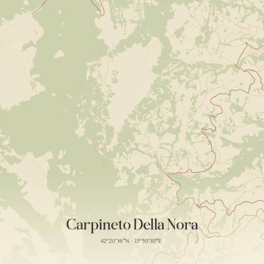 İtalya, Abruzzo 'da bulunan Carpineto Della Nora' nın klasik duvar sanat haritası. Ormanlar, yollar, şehirler, göller ve nehirlerle ilgili hava planı.