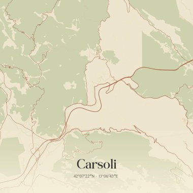 İtalya, Abruzzo 'da bulunan Carsoli' nin klasik duvar sanat haritası. Ormanlar, yollar, şehirler, göller ve nehirlerle ilgili hava planı.