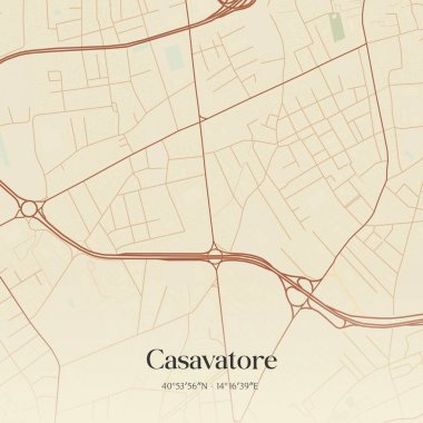 Casavatore 'un klasik duvar haritası, Campania, İtalya' da. Ormanlar, yollar, şehirler, göller ve nehirlerle ilgili hava planı.