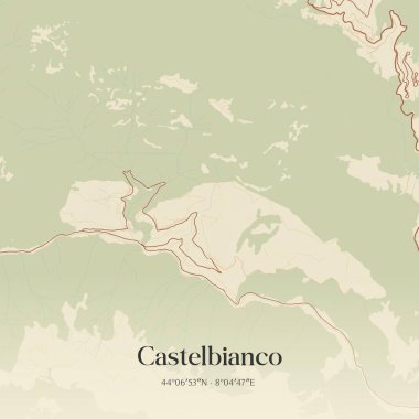 İtalya, Liguria 'da bulunan Castelbianco' nun klasik duvar sanat haritası. Ormanlar, yollar, şehirler, göller ve nehirlerle ilgili hava planı.