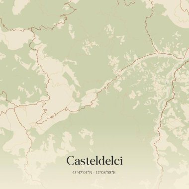 Casteldelci 'nin klasik duvar haritası, İtalya' nın Marche şehrinde. Ormanlar, yollar, şehirler, göller ve nehirlerle ilgili hava planı.