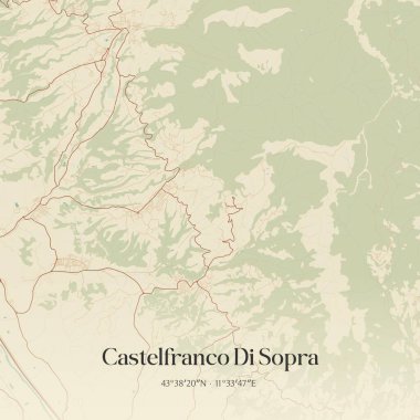İtalya, Toscana 'da bulunan Castelfranco Di Sopra' nın klasik duvar sanat haritası. Ormanlar, yollar, şehirler, göller ve nehirlerle ilgili hava planı.