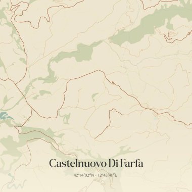 İtalya 'nın Lazio şehrinde bulunan Castelnuovo Di Farfa' nın klasik duvar sanat haritası. Ormanlar, yollar, şehirler, göller ve nehirlerle ilgili hava planı.