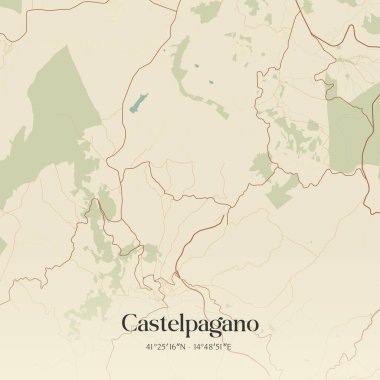 Castelpagano 'nun klasik duvar haritası, İtalya, Campania' da. Ormanlar, yollar, şehirler, göller ve nehirlerle ilgili hava planı.
