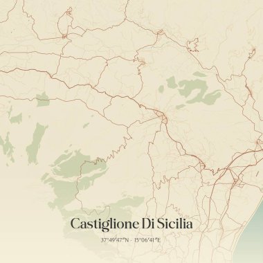 Sicilya, İtalya 'da bulunan Castiglione Di Sicilya' nın klasik duvar sanat haritası. Ormanlar, yollar, şehirler, göller ve nehirlerle ilgili hava planı.