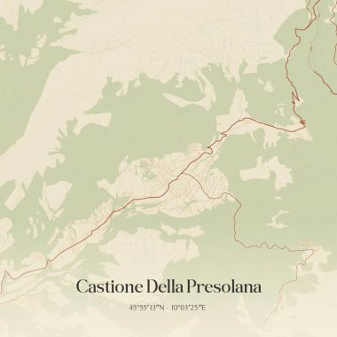 Castione Della Presolana 'nın klasik duvar haritası Lombardia, İtalya' da bulunuyor. Ormanlar, yollar, şehirler, göller ve nehirlerle ilgili hava planı.