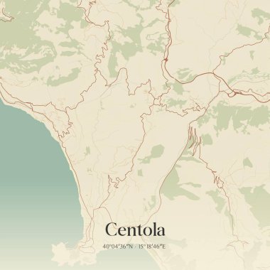 Vintage wall art map of Centola, located in Campania, Italy. Aerial plan with forests, roads, cities, lakes and rivers. clipart