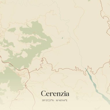 Cerenzia 'nın klasik duvar sanat haritası, Calabria, İtalya' da. Ormanlar, yollar, şehirler, göller ve nehirlerle ilgili hava planı.