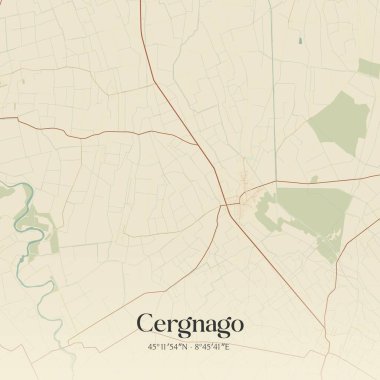 Cergnago 'nun klasik duvar sanat haritası, Lombardia, İtalya' da. Ormanlar, yollar, şehirler, göller ve nehirlerle ilgili hava planı.