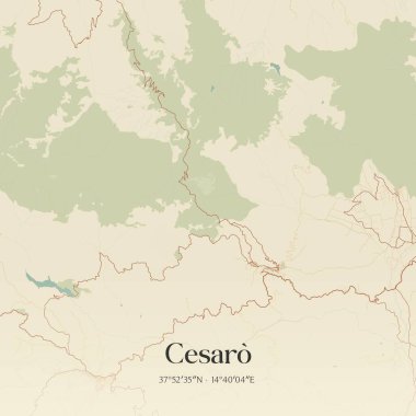 Cesaro 'nun klasik duvar haritası, Sicilya, İtalya' da. Ormanlar, yollar, şehirler, göller ve nehirlerle ilgili hava planı.