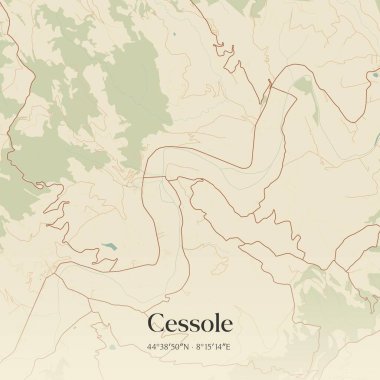 Piemonte, İtalya 'da bulunan Cessole' un klasik duvar sanat haritası. Ormanlar, yollar, şehirler, göller ve nehirlerle ilgili hava planı.