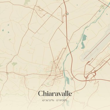 Chiaravalle 'in klasik duvar haritası, Marche, İtalya' da. Ormanlar, yollar, şehirler, göller ve nehirlerle ilgili hava planı.