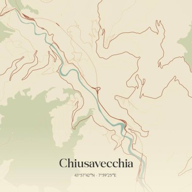 Liguria, İtalya 'da bulunan Chiusavecchia' nın klasik duvar sanat haritası. Ormanlar, yollar, şehirler, göller ve nehirlerle ilgili hava planı.
