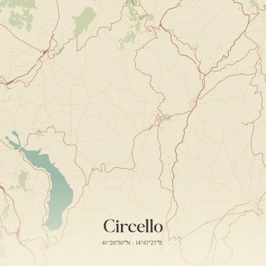 Campania, İtalya 'da bulunan Circello' nun klasik duvar sanat haritası. Ormanlar, yollar, şehirler, göller ve nehirlerle ilgili hava planı.