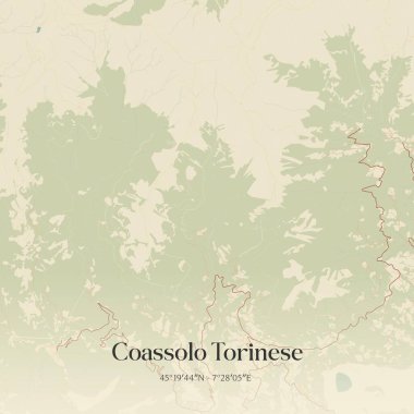 Piemonte, İtalya 'daki Coassolo Torinese' in klasik duvar haritası. Ormanlar, yollar, şehirler, göller ve nehirlerle ilgili hava planı.