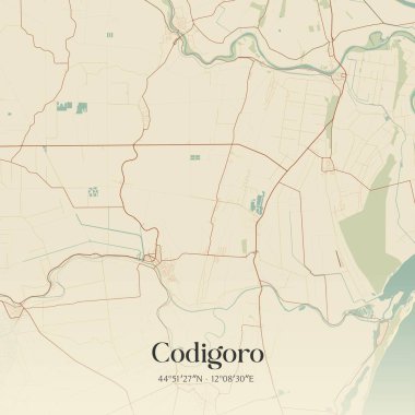 Emilia-Romagna, İtalya 'da bulunan Codigoro' nun klasik duvar sanat haritası. Ormanlar, yollar, şehirler, göller ve nehirlerle ilgili hava planı.