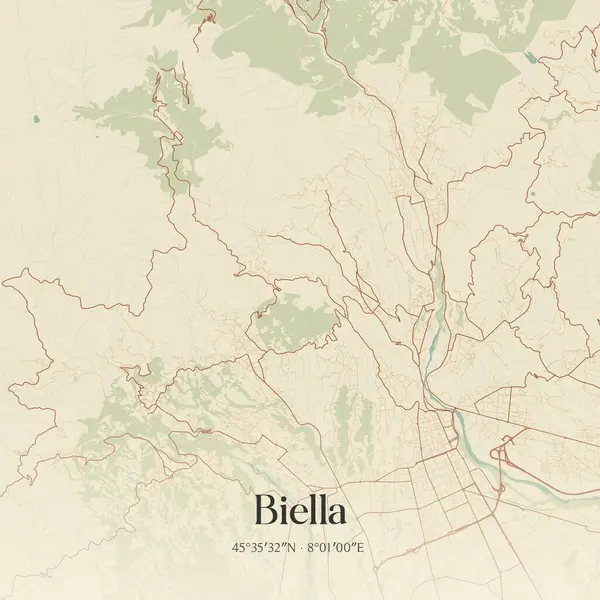 Biella 'nın klasik duvar haritası, Piemonte, İtalya' da. Ormanlar, yollar, şehirler, göller ve nehirlerle ilgili hava planı.