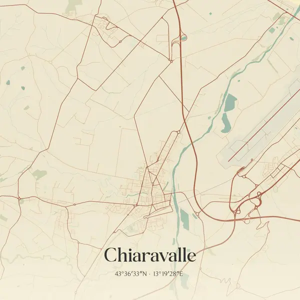 Chiaravalle 'in klasik duvar haritası, Marche, İtalya' da. Ormanlar, yollar, şehirler, göller ve nehirlerle ilgili hava planı.