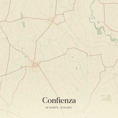 Lombardia, İtalya 'da bulunan Confienza' nın klasik duvar sanat haritası. Ormanlar, yollar, şehirler, göller ve nehirlerle ilgili hava planı.