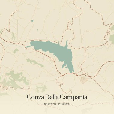Campania, İtalya 'da bulunan Conza Della Campania' nın klasik duvar sanat haritası. Ormanlar, yollar, şehirler, göller ve nehirlerle ilgili hava planı.