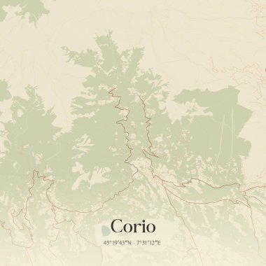 Corio 'nun klasik duvar haritası, Piemonte, İtalya' da. Ormanlar, yollar, şehirler, göller ve nehirlerle ilgili hava planı.