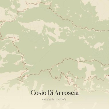 Liguria, İtalya 'da bulunan Cosio Di Arroscia' nın klasik duvar sanat haritası. Ormanlar, yollar, şehirler, göller ve nehirlerle ilgili hava planı.