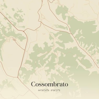 Piemonte, İtalya 'da bulunan Cossombrato' nun klasik duvar sanat haritası. Ormanlar, yollar, şehirler, göller ve nehirlerle ilgili hava planı.