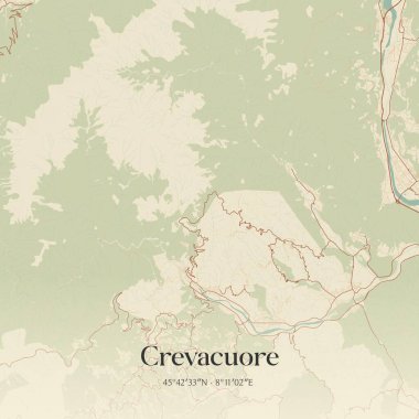 Piemonte, İtalya 'da bulunan Crevacuore' un klasik duvar sanat haritası. Ormanlar, yollar, şehirler, göller ve nehirlerle ilgili hava planı.