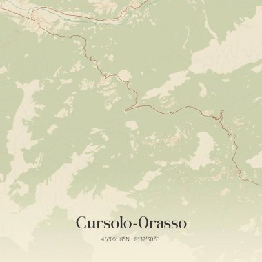 İtalya 'nın Piemonte şehrinde bulunan Cursolo-Orasso' nun klasik duvar sanat haritası. Ormanlar, yollar, şehirler, göller ve nehirlerle ilgili hava planı.