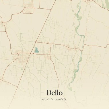 Dello 'nun klasik duvar haritası, Lombardia, İtalya' da. Ormanlar, yollar, şehirler, göller ve nehirlerle ilgili hava planı.