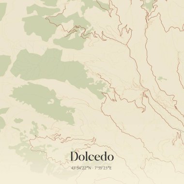 Liguria, İtalya 'da bulunan Dolcedo' nun klasik duvar sanat haritası. Ormanlar, yollar, şehirler, göller ve nehirlerle ilgili hava planı.