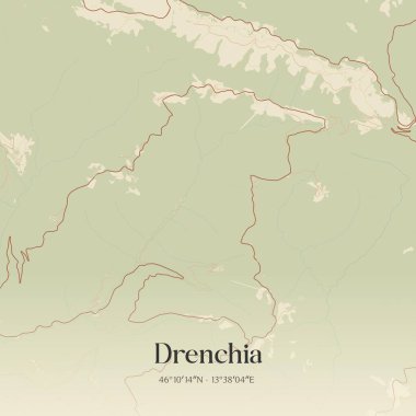 Friuli-Venezia Giulia, İtalya 'da bulunan Drenchia' nın klasik duvar sanat haritası. Ormanlar, yollar, şehirler, göller ve nehirlerle ilgili hava planı.