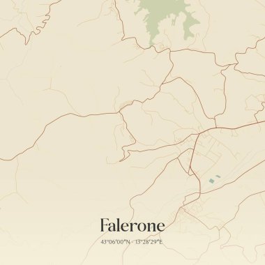 Vintage wall art map of Falerone, located in Marche, Italy. Aerial plan with forests, roads, cities, lakes and rivers. clipart