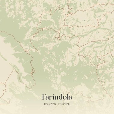 Vintage wall art map of Farindola, located in Abruzzo, Italy. Aerial plan with forests, roads, cities, lakes and rivers. clipart