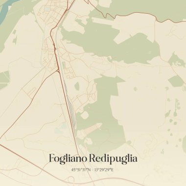 Fogliano Redipuglia 'nın klasik duvar haritası, İtalya' nın Friuli-Venezia Giulia şehrinde. Ormanlar, yollar, şehirler, göller ve nehirlerle ilgili hava planı.