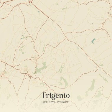 İtalya, Campania 'da bulunan Frigento' nun klasik duvar sanat haritası. Ormanlar, yollar, şehirler, göller ve nehirlerle ilgili hava planı.