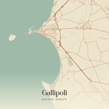 Gelibolu 'nun klasik duvar haritası, Apulia, İtalya' da. Ormanlar, yollar, şehirler, göller ve nehirlerle ilgili hava planı.