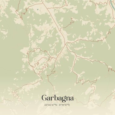 Piemonte, İtalya 'da bulunan Garbagna' nın klasik duvar sanat haritası. Ormanlar, yollar, şehirler, göller ve nehirlerle ilgili hava planı.