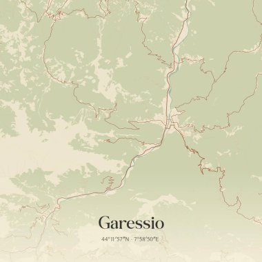 Piemonte, İtalya 'da bulunan Garessio' nun klasik duvar sanat haritası. Ormanlar, yollar, şehirler, göller ve nehirlerle ilgili hava planı.