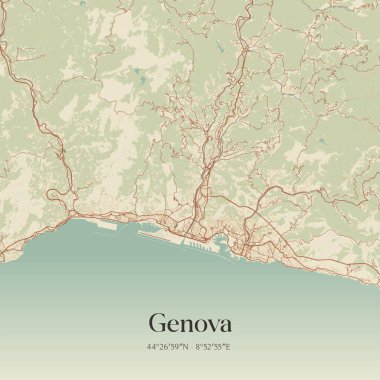 Cenova 'nın klasik duvar haritası, Liguria, İtalya' da. Ormanlar, yollar, şehirler, göller ve nehirlerle ilgili hava planı.