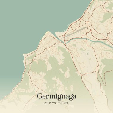 Germignaga 'nın klasik duvar haritası, Lombardia, İtalya' da. Ormanlar, yollar, şehirler, göller ve nehirlerle ilgili hava planı.